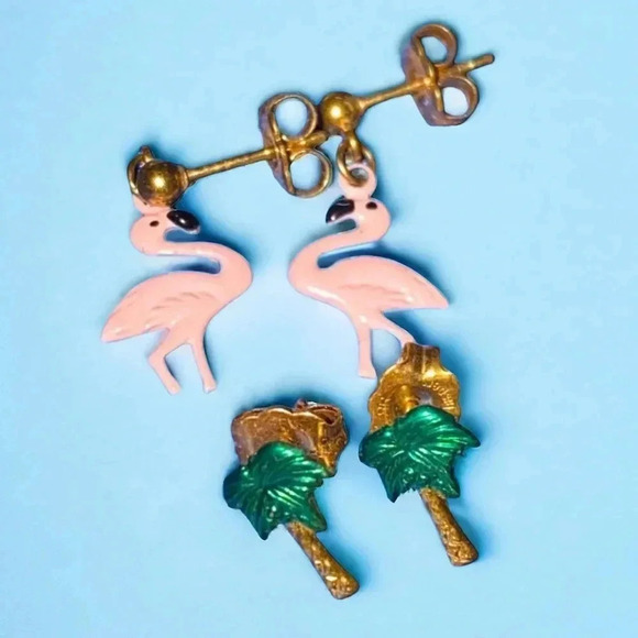 Vintage Other - 2 Pair Flamingo Palm Tree Enamel Gold Tone Earrings